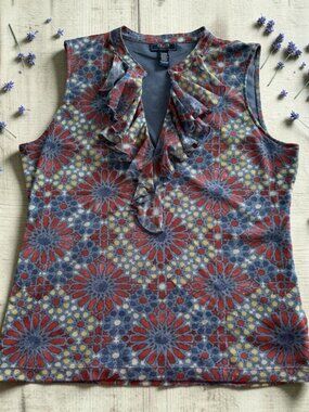 Ruffle V-Neck Mesh Geometric Starburst Sleeveless Blue Red Women XL Chaps Denim